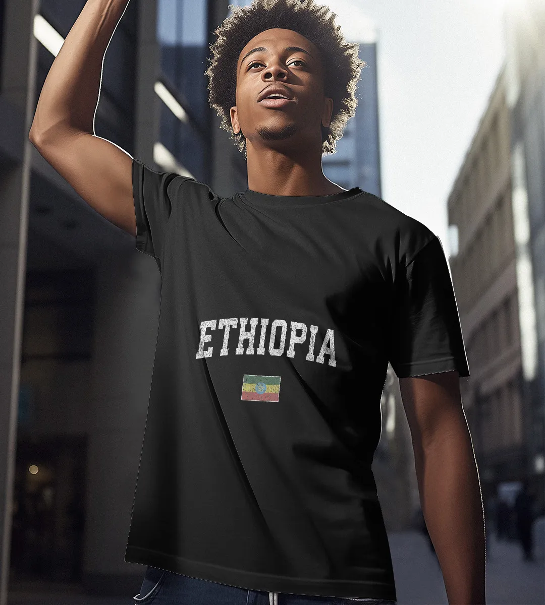 1sttheworld T-Shirt - Ethiopia Vintage Sports Flag T-Shirt Black A35