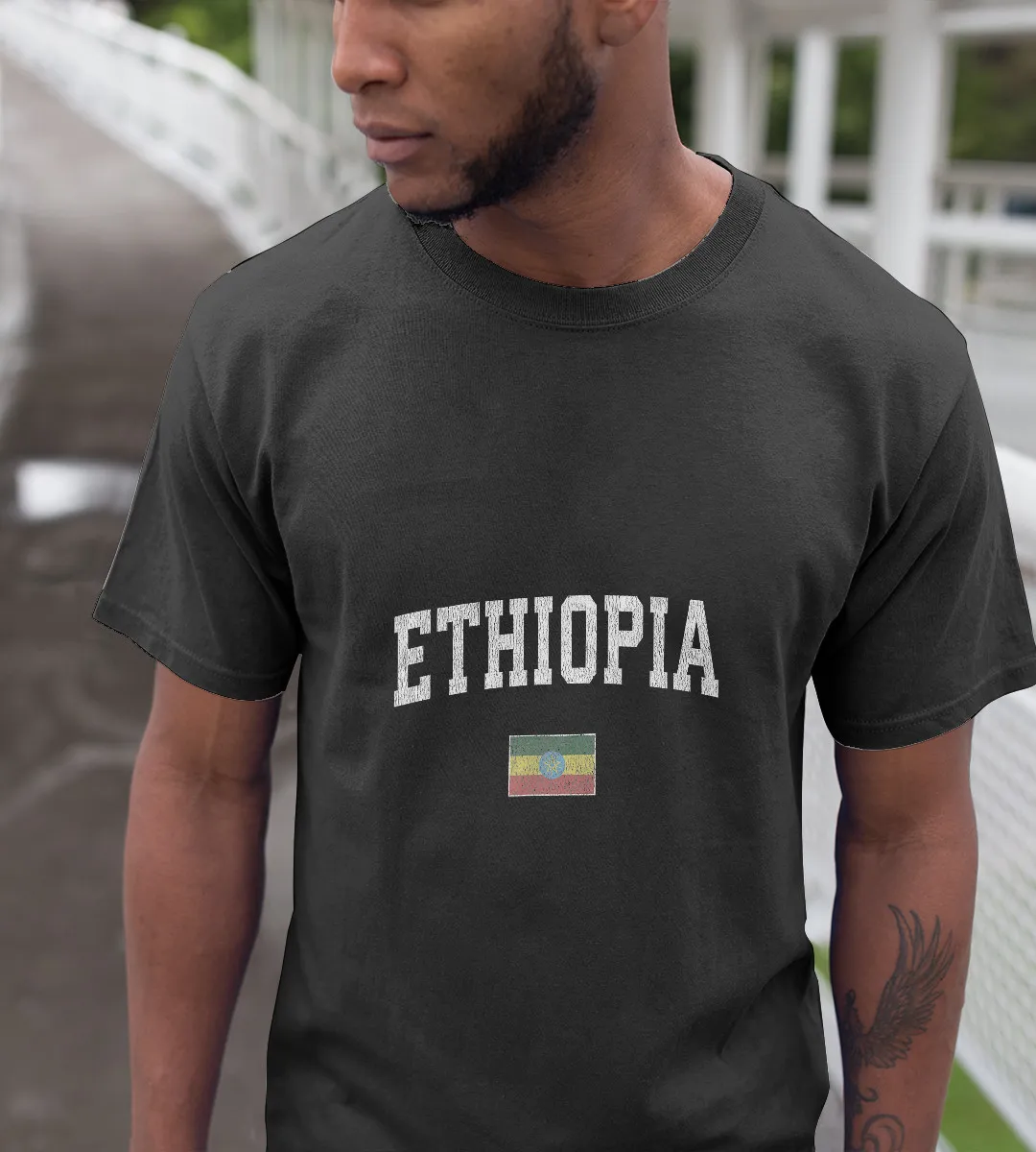 1sttheworld T-Shirt - Ethiopia Vintage Sports Flag T-Shirt Black A35