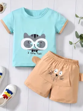 2PCS BOYS CASUAL CARTOON CAT GRAPHIC PRINT SHORT SLEEVE T-SHIRT & SHORTS SET