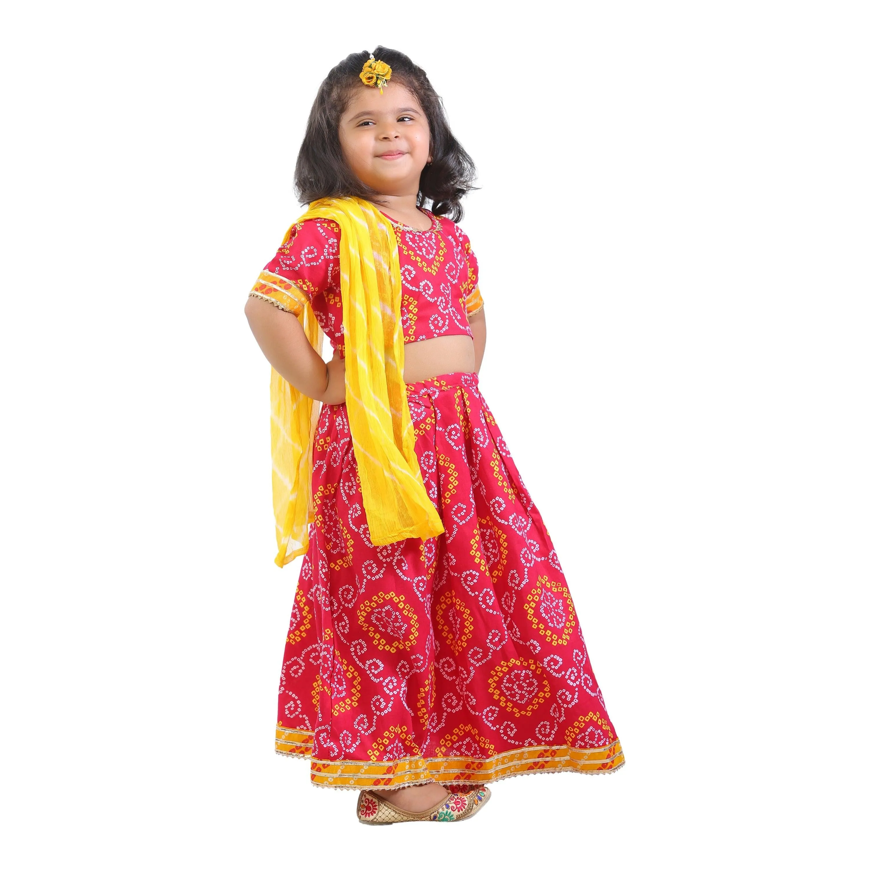 Ahhaaaa Kids Ethnic Cotton Bandhani Print Radha Dress Lehenga Choli Chania Choli Set For Baby Girls