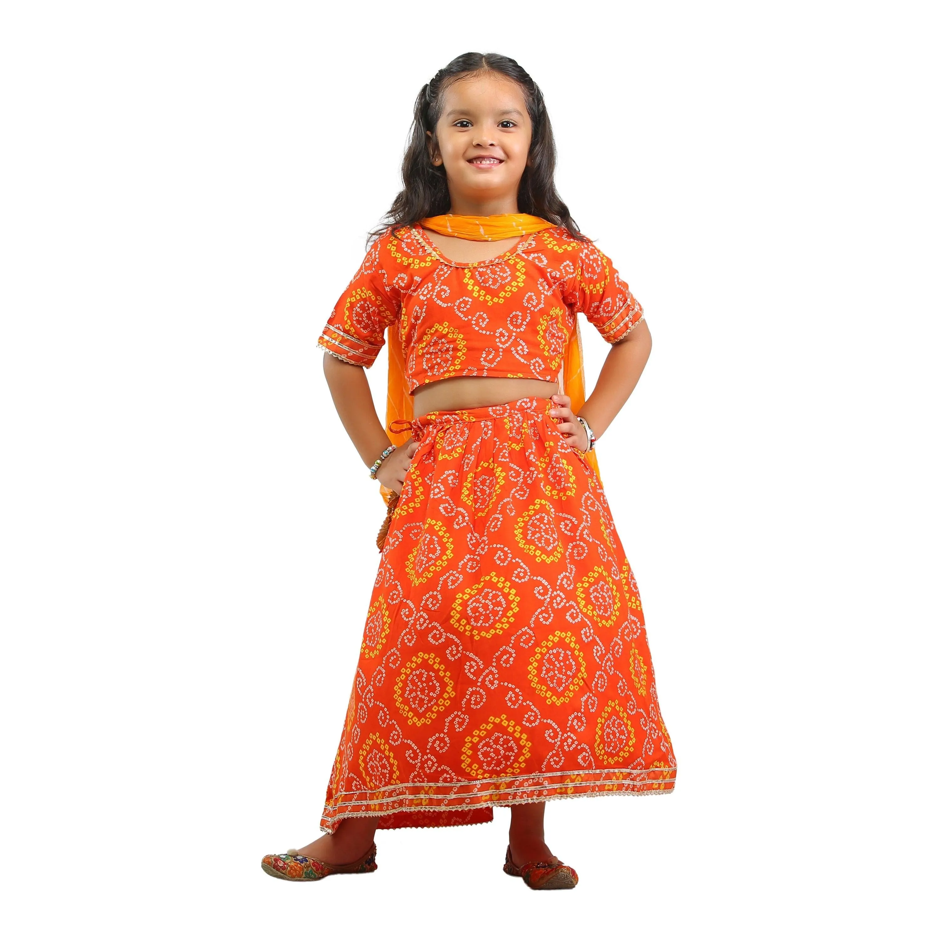 Ahhaaaa Kids Ethnic Cotton Bandhani Print Radha Dress Lehenga Choli Chania Choli Set For Baby Girls