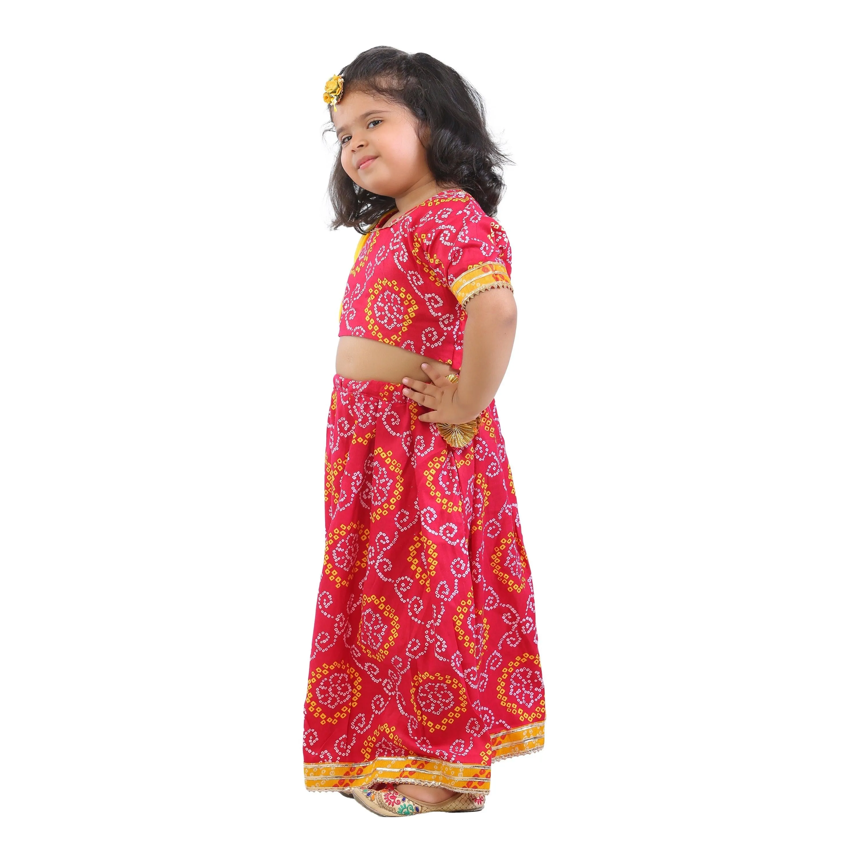 Ahhaaaa Kids Ethnic Cotton Bandhani Print Radha Dress Lehenga Choli Chania Choli Set For Baby Girls