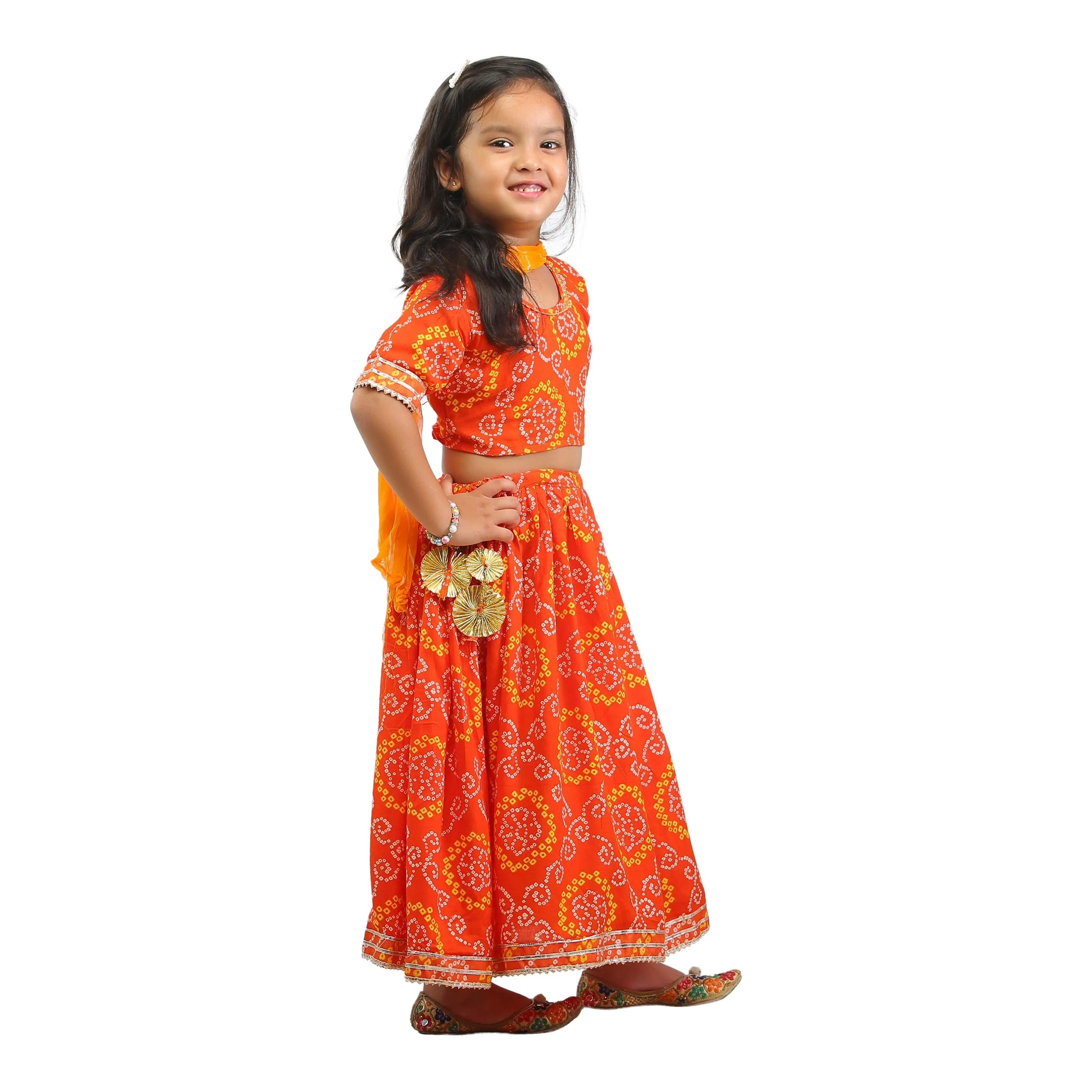 Ahhaaaa Kids Ethnic Cotton Bandhani Print Radha Dress Lehenga Choli Chania Choli Set For Baby Girls