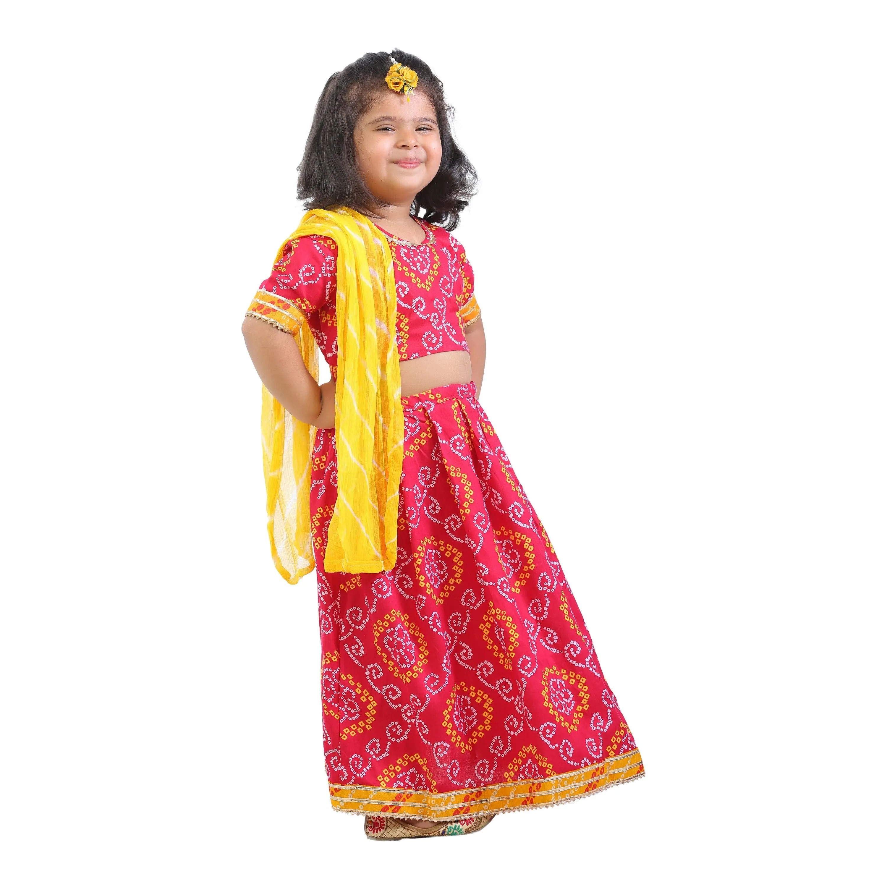 Ahhaaaa Kids Ethnic Cotton Bandhani Print Radha Dress Lehenga Choli Chania Choli Set For Baby Girls