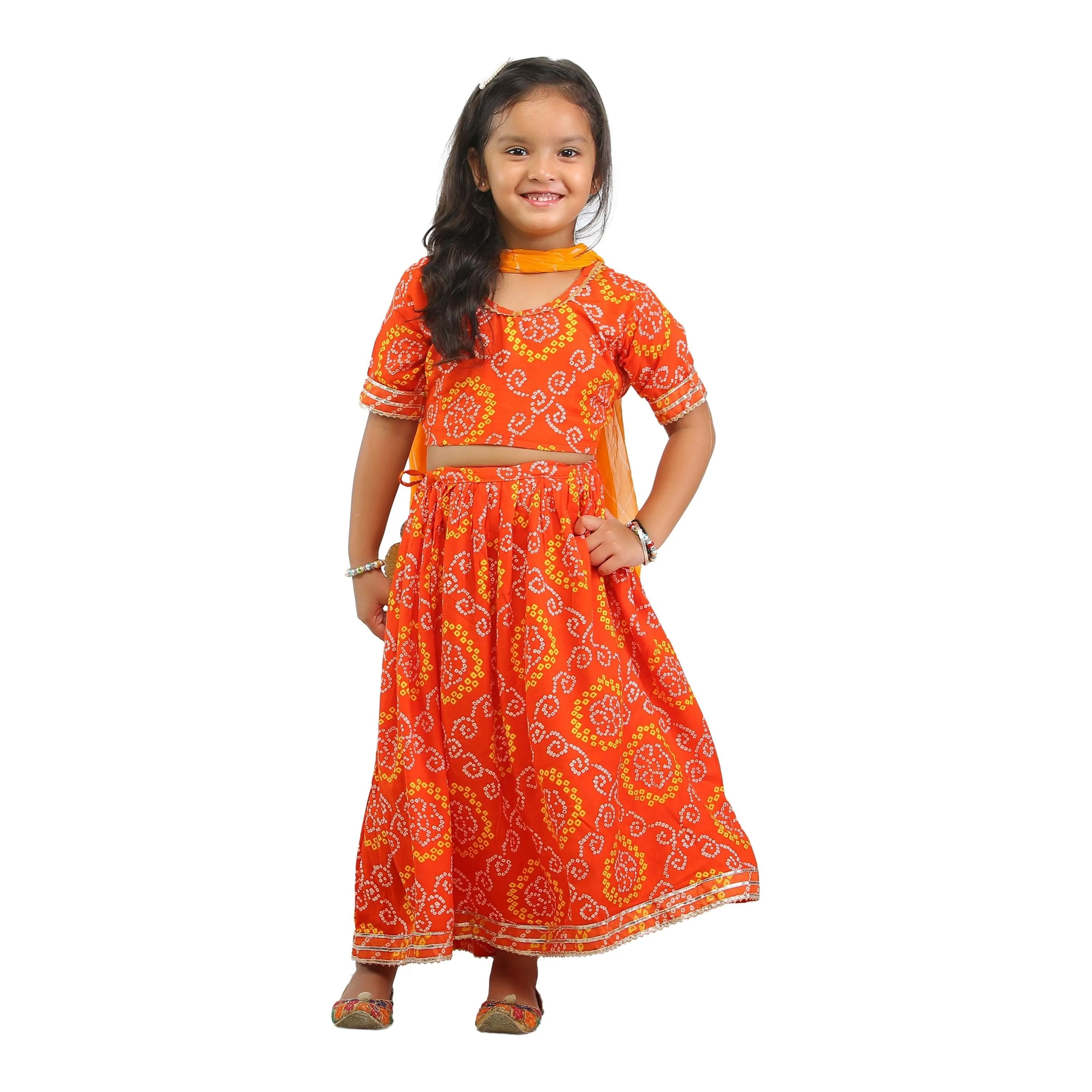 Ahhaaaa Kids Ethnic Cotton Bandhani Print Radha Dress Lehenga Choli Chania Choli Set For Baby Girls