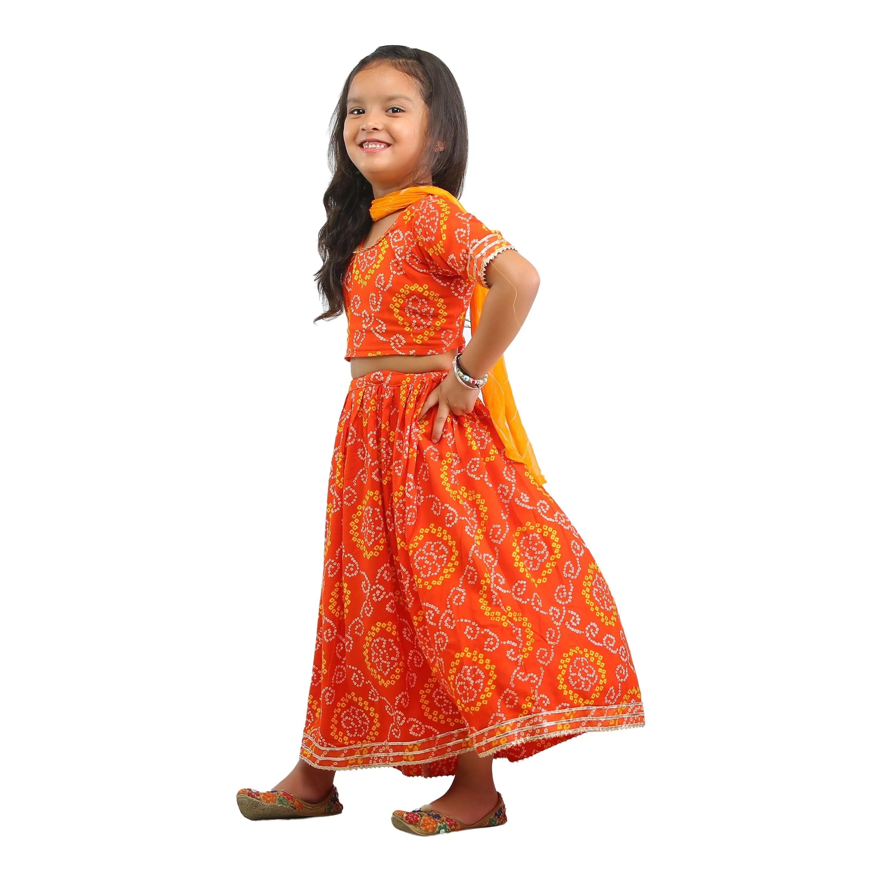 Ahhaaaa Kids Ethnic Cotton Bandhani Print Radha Dress Lehenga Choli Chania Choli Set For Baby Girls