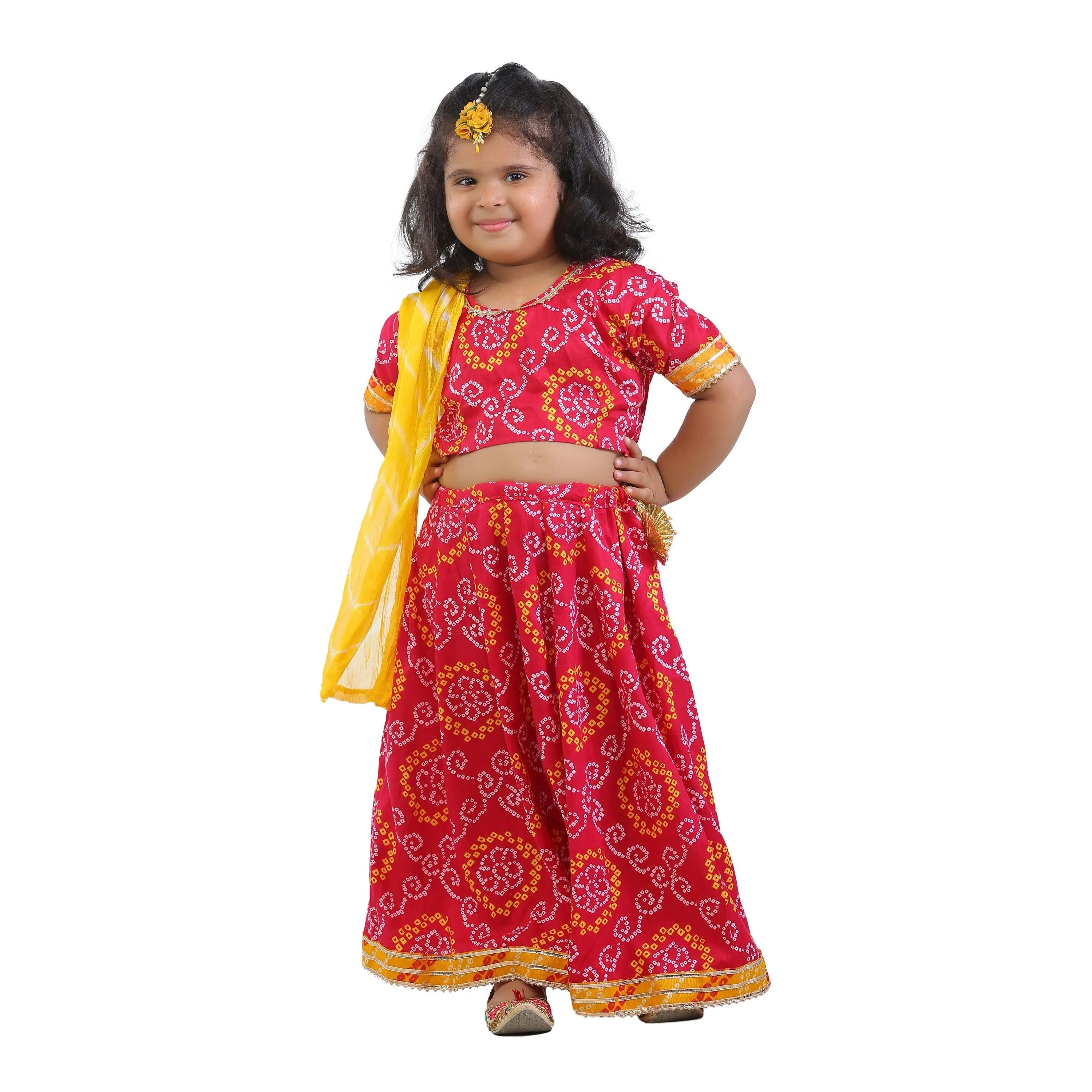 Ahhaaaa Kids Ethnic Cotton Bandhani Print Radha Dress Lehenga Choli Chania Choli Set For Baby Girls