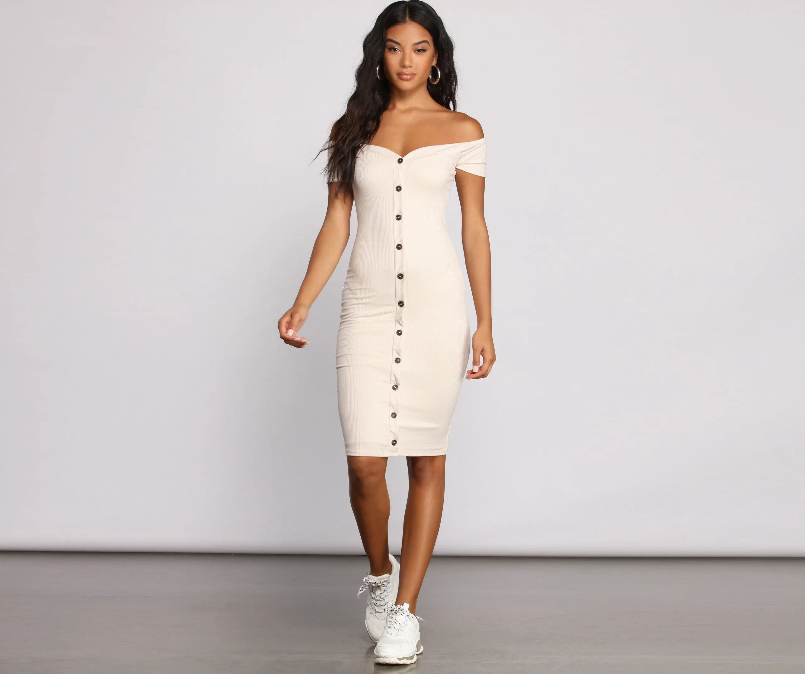 All Buttoned Up Off Graceful The Shoulder Midi Dress