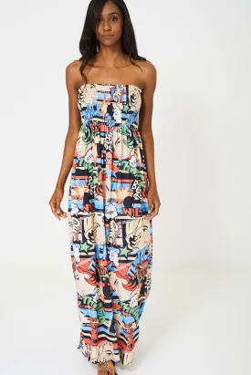 Bandeau Maxi Dress in Cartoon Print