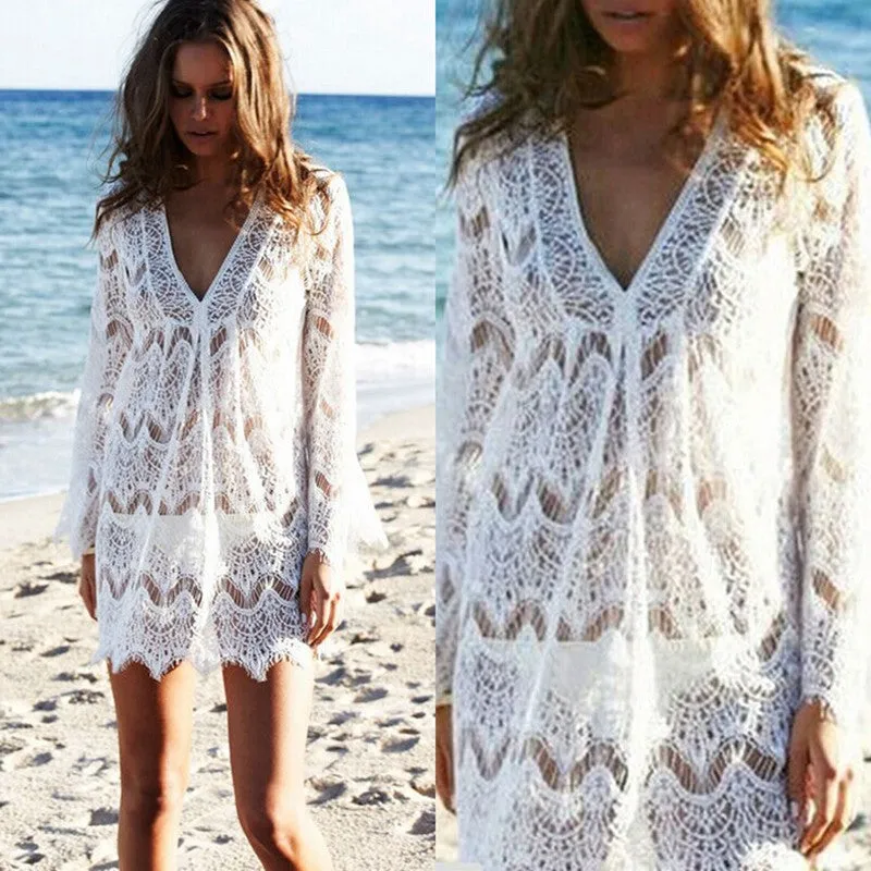 Beach Cover-up See-through Lace Shirt