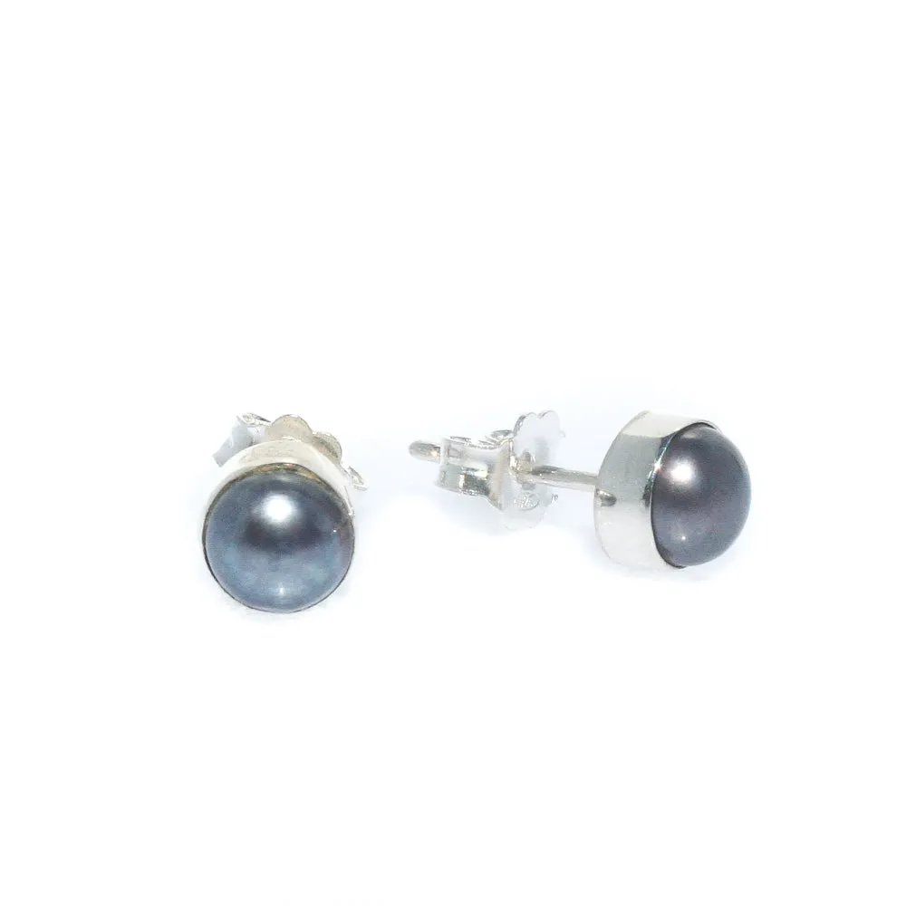 Black Pearl Studs Bezel Set in Sterling Silver 6mm