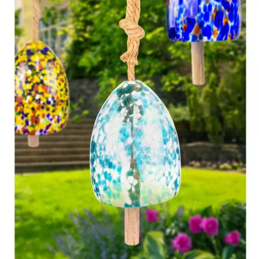 Blown Glass Bell Wind Chime, Blue/White