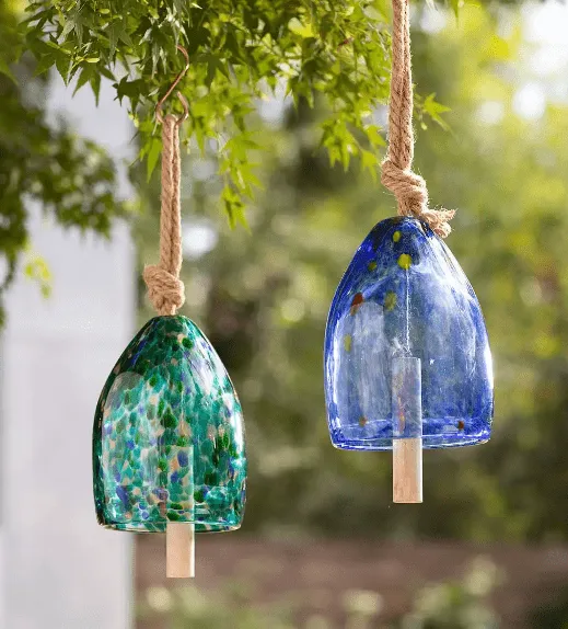 Blown Glass Bell Wind Chime, Blue/White