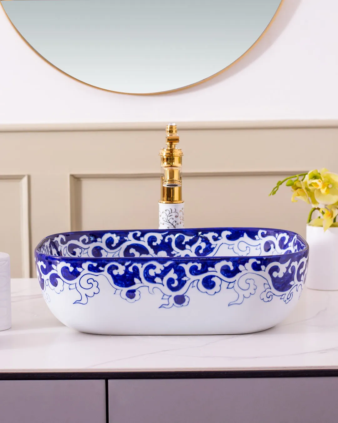 Blue Vine Porcelain Counter Top Basin