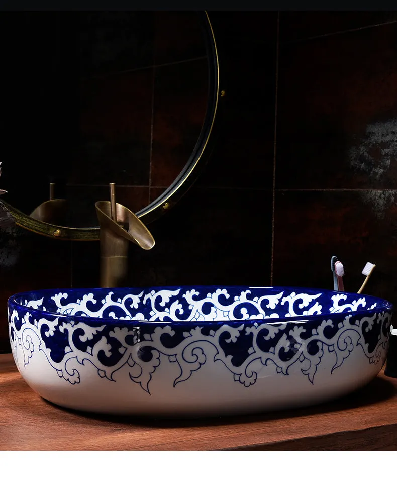 Blue Vine Porcelain Counter Top Basin