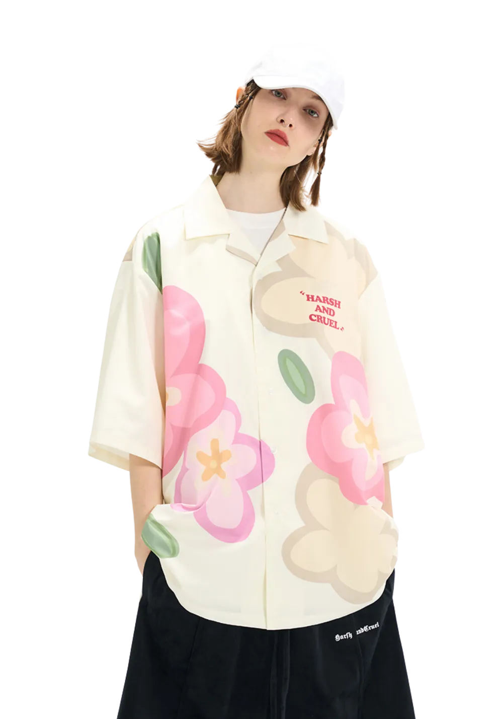 Cartoon Hand Painted Flower Cuban Shirt - Cream