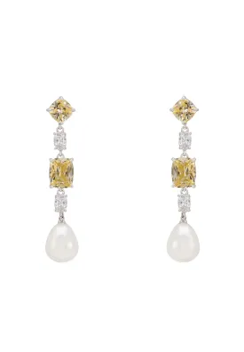 Cordelia Pearl & Yellow Topaz Long Drop Earrings Silver