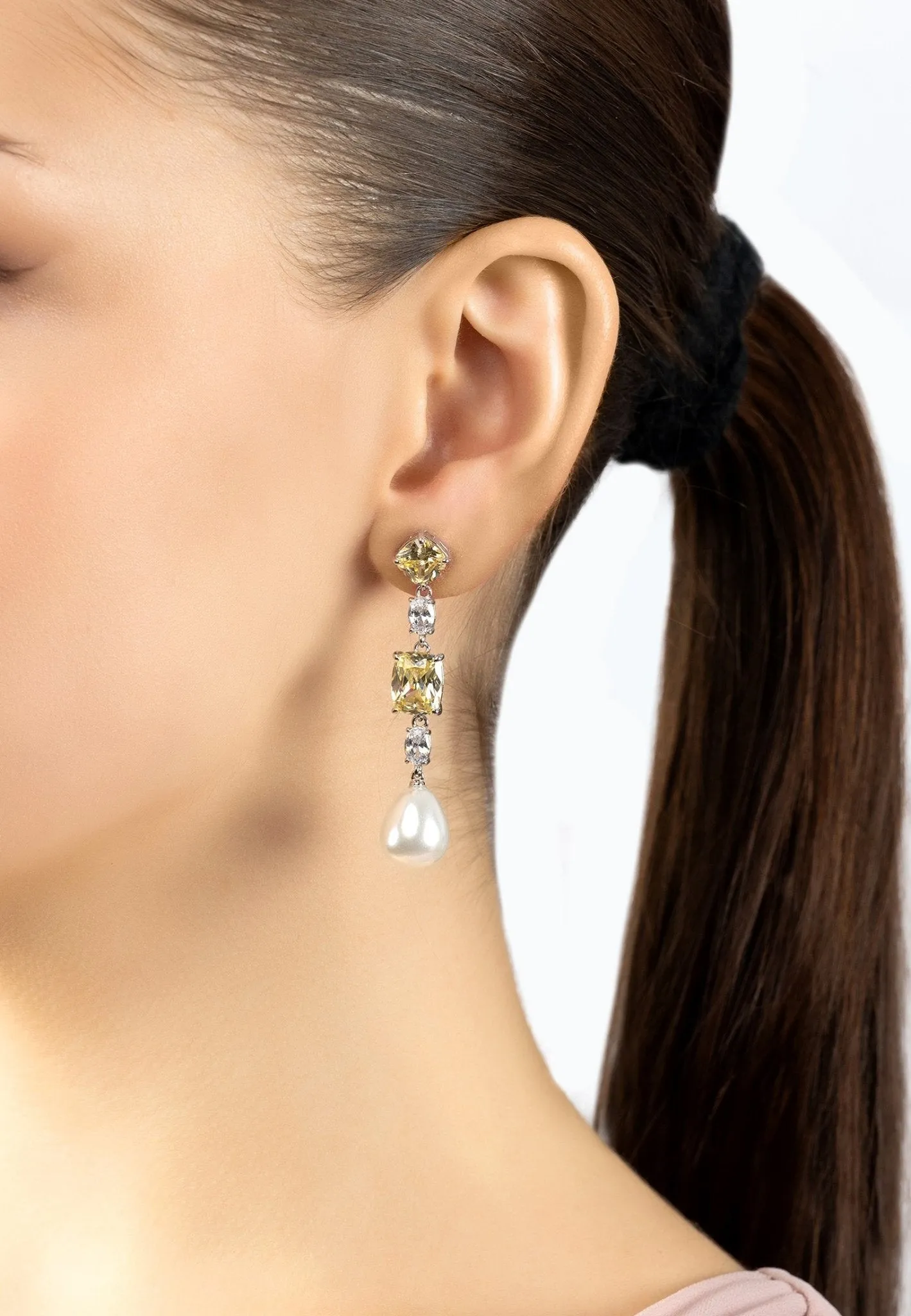 Cordelia Pearl & Yellow Topaz Long Drop Earrings Silver