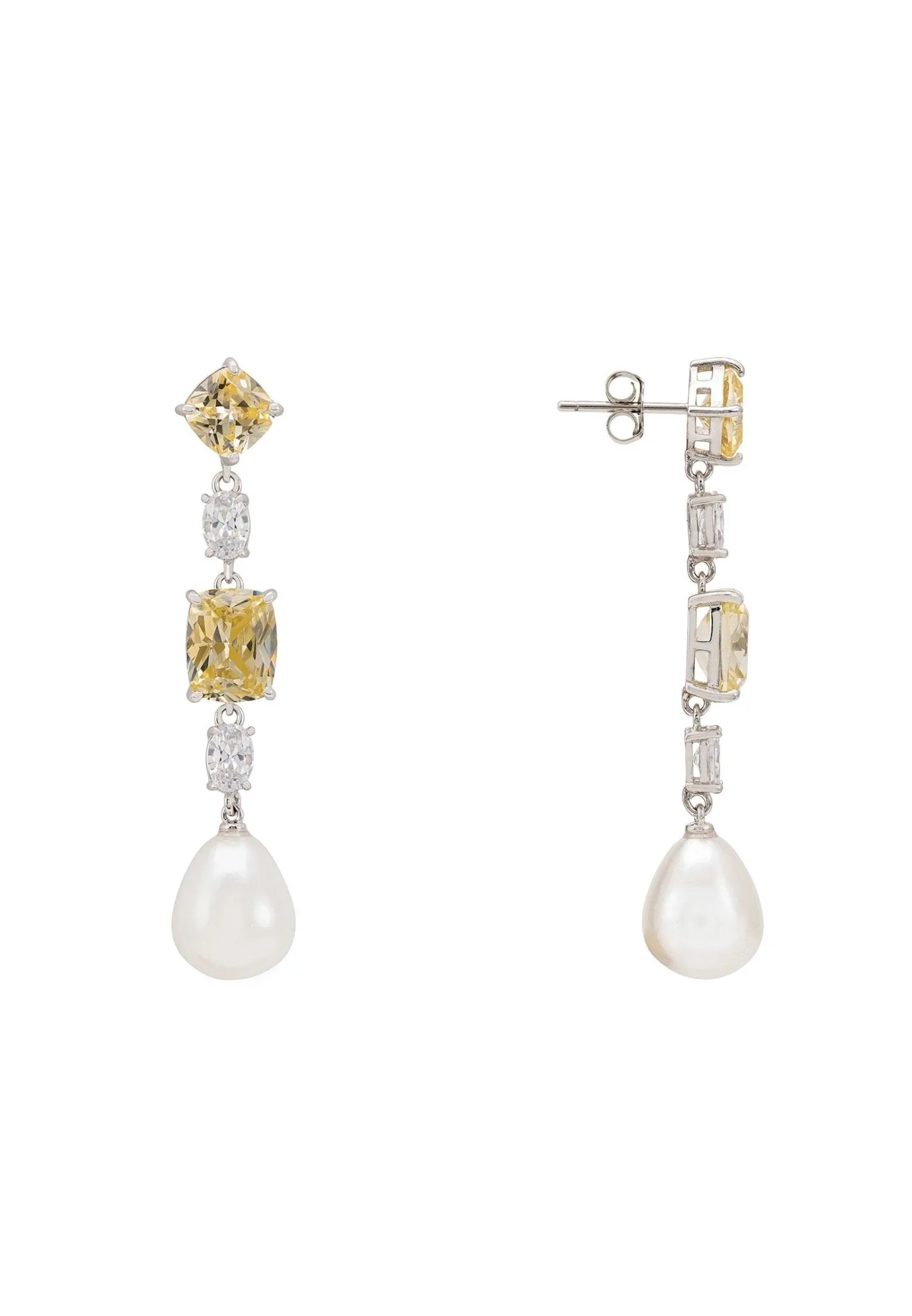 Cordelia Pearl & Yellow Topaz Long Drop Earrings Silver