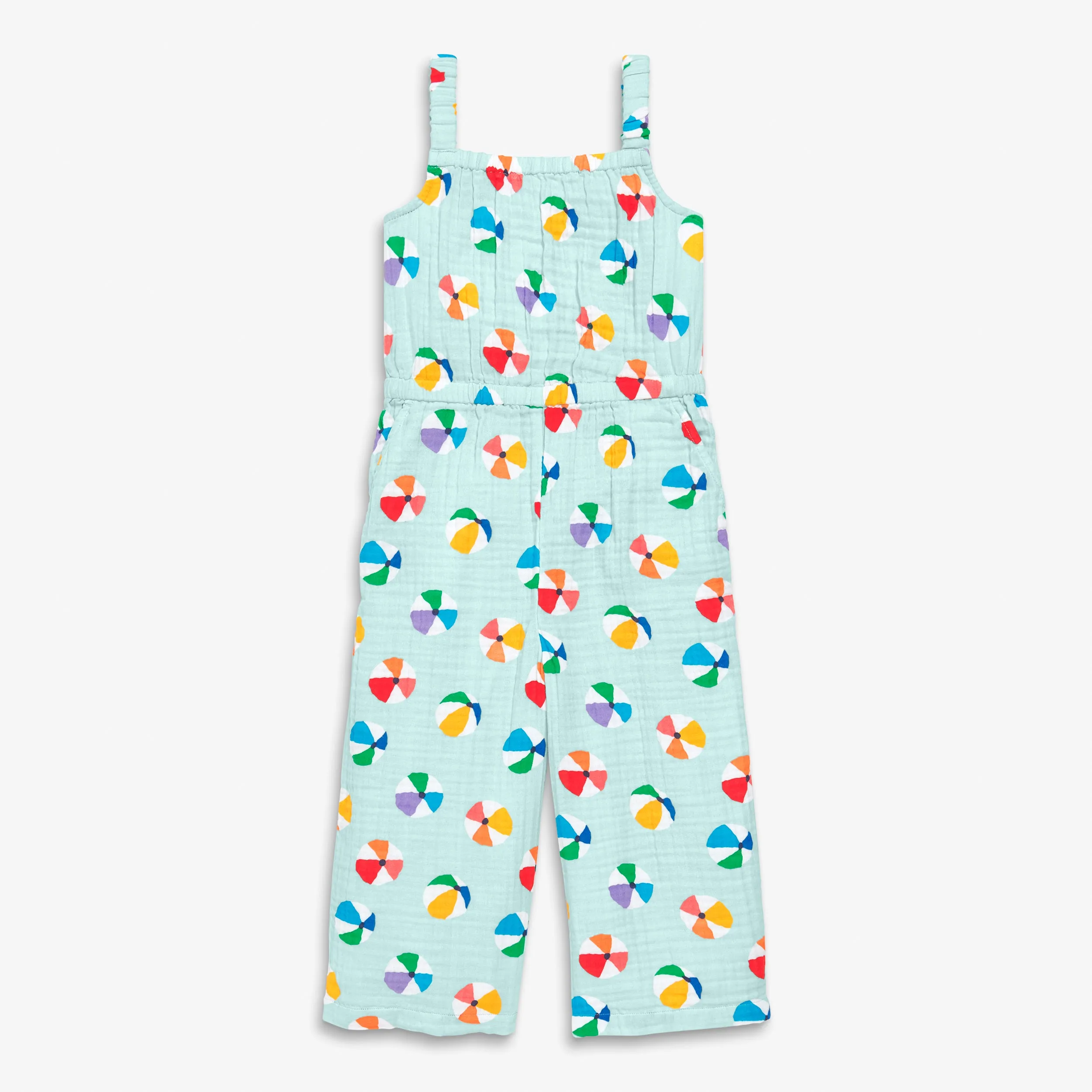 Cotton gauze tank jumpsuit in rainbow beach balls