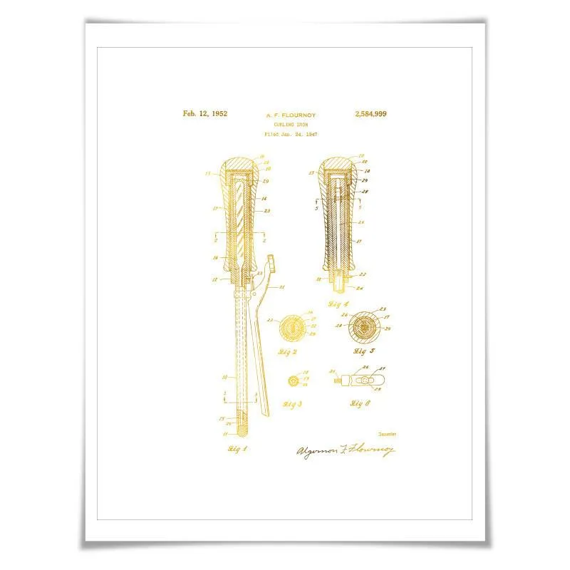 Curling Iron Gold Foil Patent Illustration. 7 Foil Colours. Beauty Salon Art Print. Hairdresser Poster.