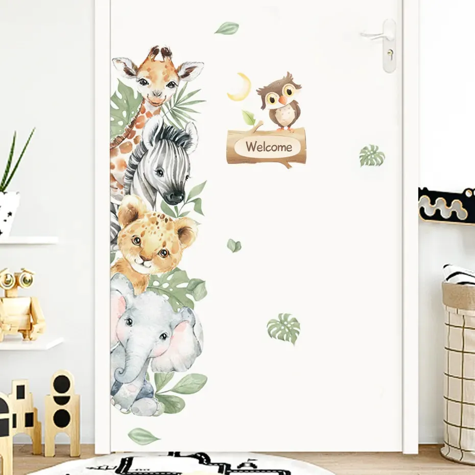 Cute Jungle Animal Friends Nursery Door Stickers Wall Decals Removable Peel & Stick Vinyl Wall Decal Creative DIY Kid's Room Home Decor