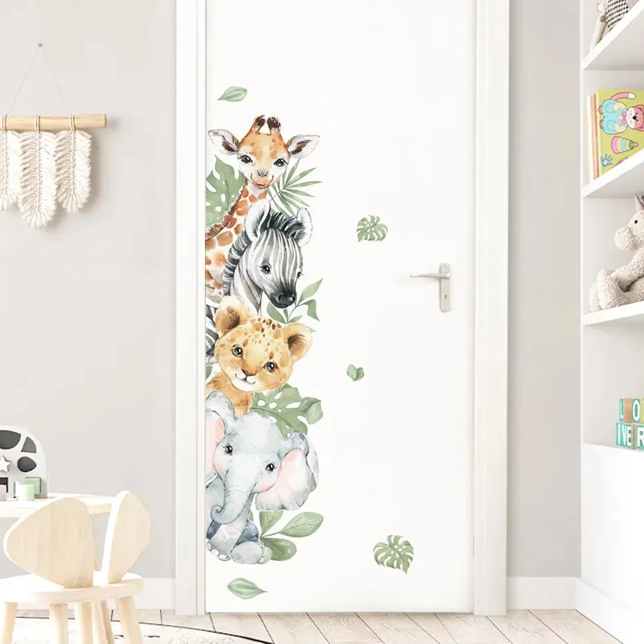 Cute Jungle Animal Friends Nursery Door Stickers Wall Decals Removable Peel & Stick Vinyl Wall Decal Creative DIY Kid's Room Home Decor