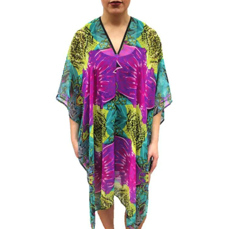 Floral Beach Cover Up - Teal/Purple