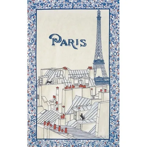 French Printed Paris Rooftop Eiffel Tower Large Cotton Linen Tea Towel