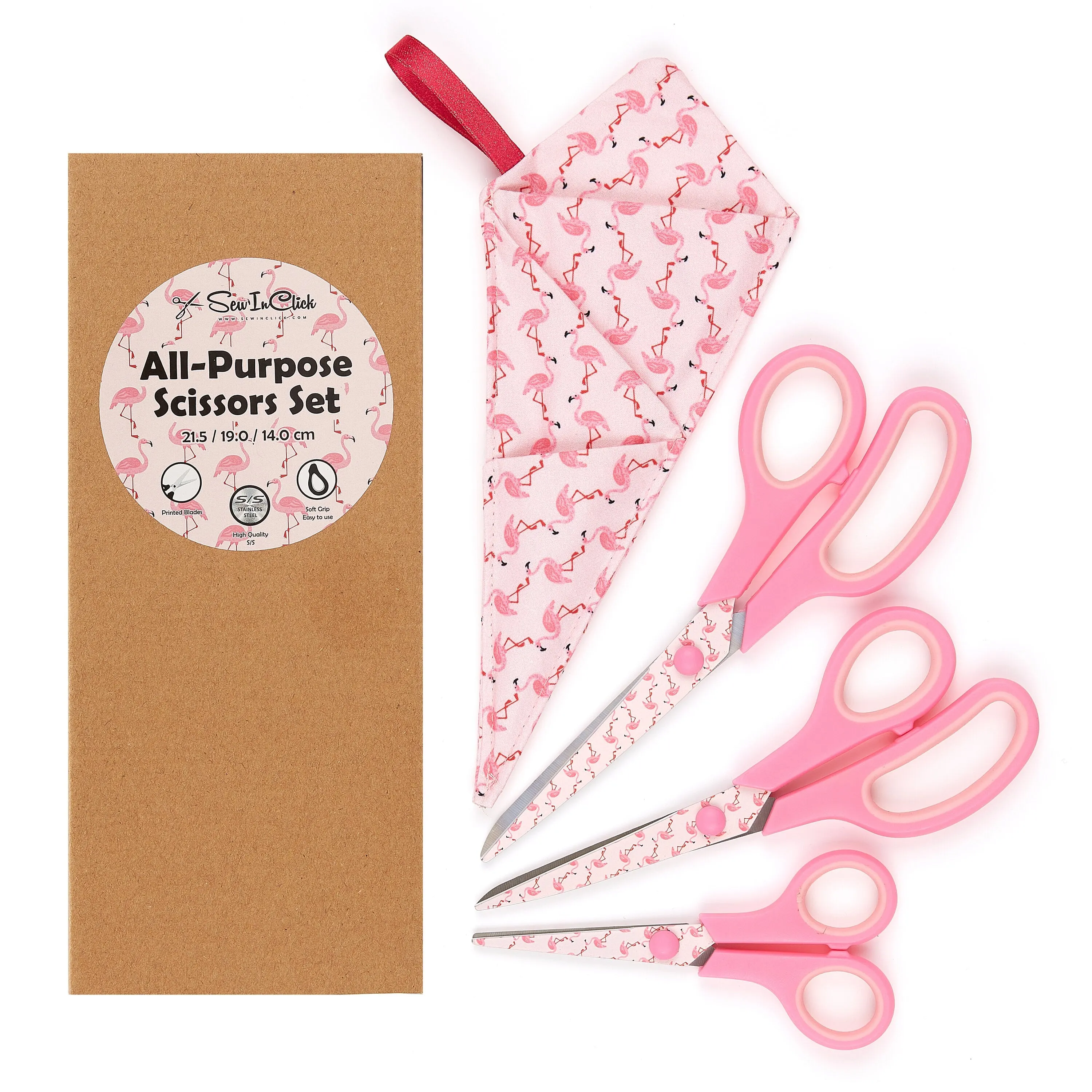 Gift Box Soft Grip Pink Flamingo Scissors Set - 3 Sizes - Handmade Fabric Case - All-Purpose Crafts, Office & School - Stainless Steel