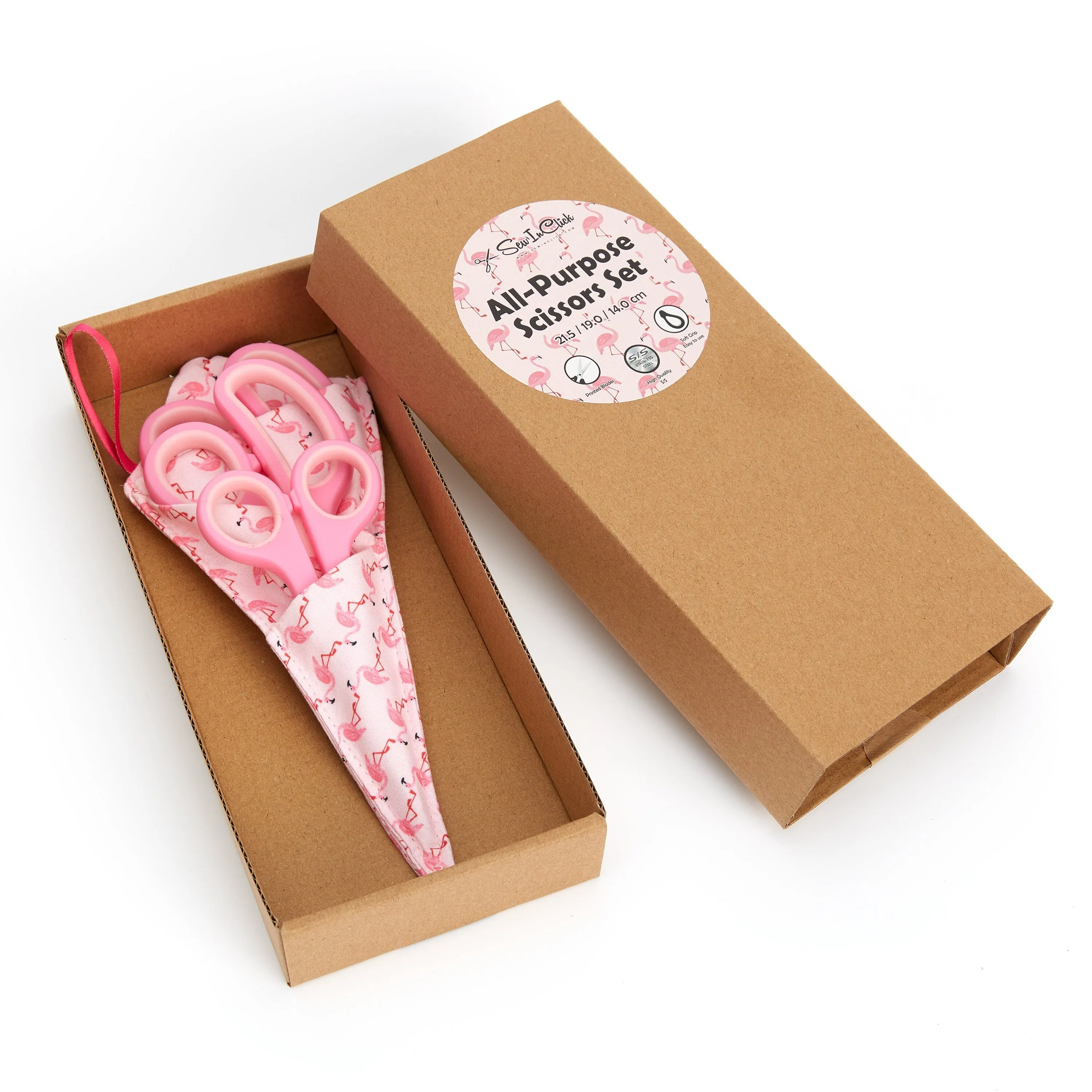 Gift Box Soft Grip Pink Flamingo Scissors Set - 3 Sizes - Handmade Fabric Case - All-Purpose Crafts, Office & School - Stainless Steel