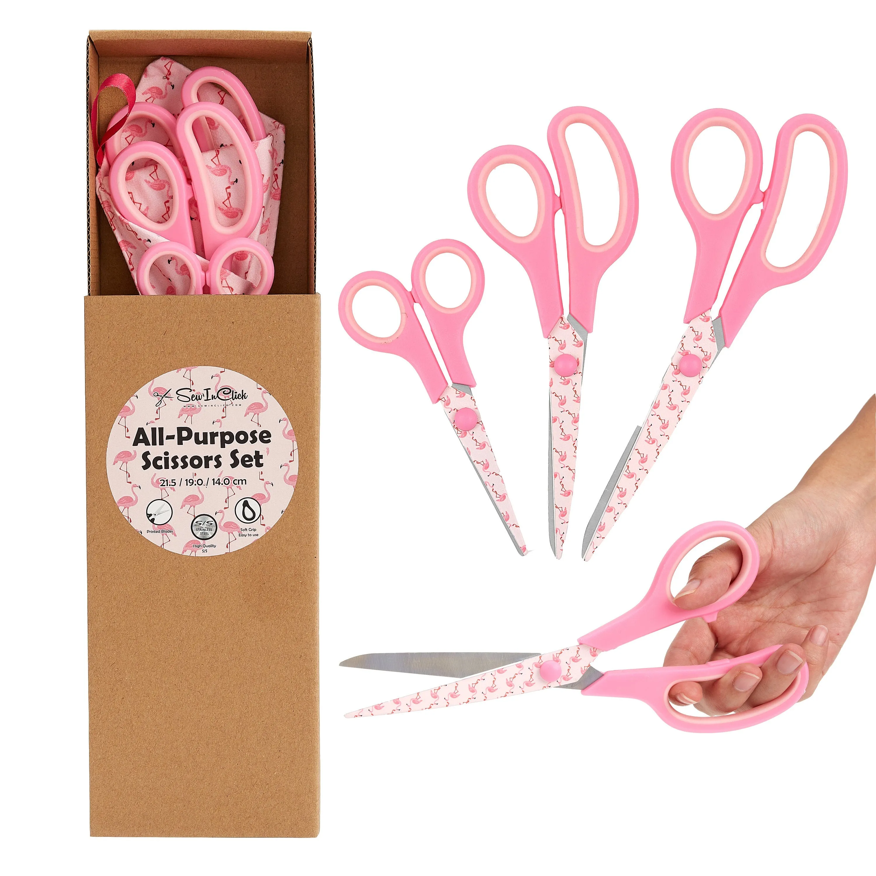 Gift Box Soft Grip Pink Flamingo Scissors Set - 3 Sizes - Handmade Fabric Case - All-Purpose Crafts, Office & School - Stainless Steel