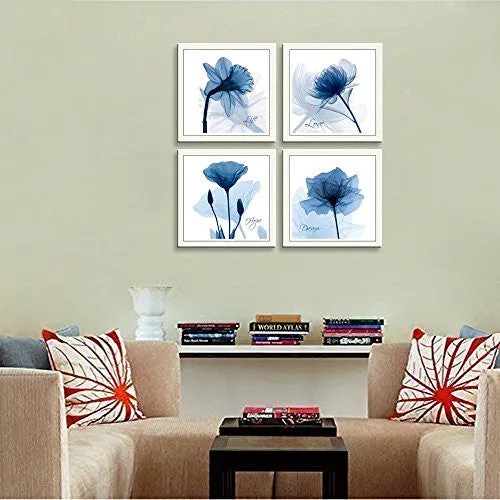 HLJ ARTS 4 PANELS CRYSTAL THEME GICLEE FLICKERING BLUE FLOWERS PRINTED PAINTINGS ON CANVAS FOR WALL DECOR 12X12INCHES 4PCS/SET (BLUE)