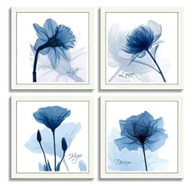 HLJ ARTS 4 PANELS CRYSTAL THEME GICLEE FLICKERING BLUE FLOWERS PRINTED PAINTINGS ON CANVAS FOR WALL DECOR 12X12INCHES 4PCS/SET (BLUE)