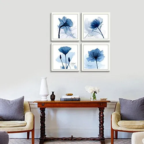 HLJ ARTS 4 PANELS CRYSTAL THEME GICLEE FLICKERING BLUE FLOWERS PRINTED PAINTINGS ON CANVAS FOR WALL DECOR 12X12INCHES 4PCS/SET (BLUE)