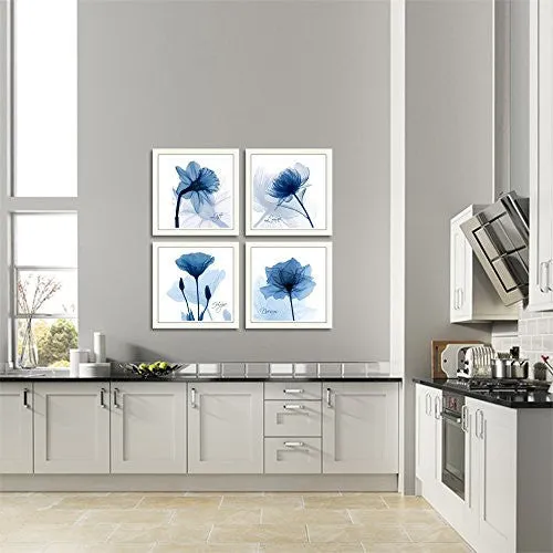 HLJ ARTS 4 PANELS CRYSTAL THEME GICLEE FLICKERING BLUE FLOWERS PRINTED PAINTINGS ON CANVAS FOR WALL DECOR 12X12INCHES 4PCS/SET (BLUE)