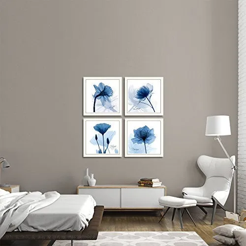 HLJ ARTS 4 PANELS CRYSTAL THEME GICLEE FLICKERING BLUE FLOWERS PRINTED PAINTINGS ON CANVAS FOR WALL DECOR 12X12INCHES 4PCS/SET (BLUE)