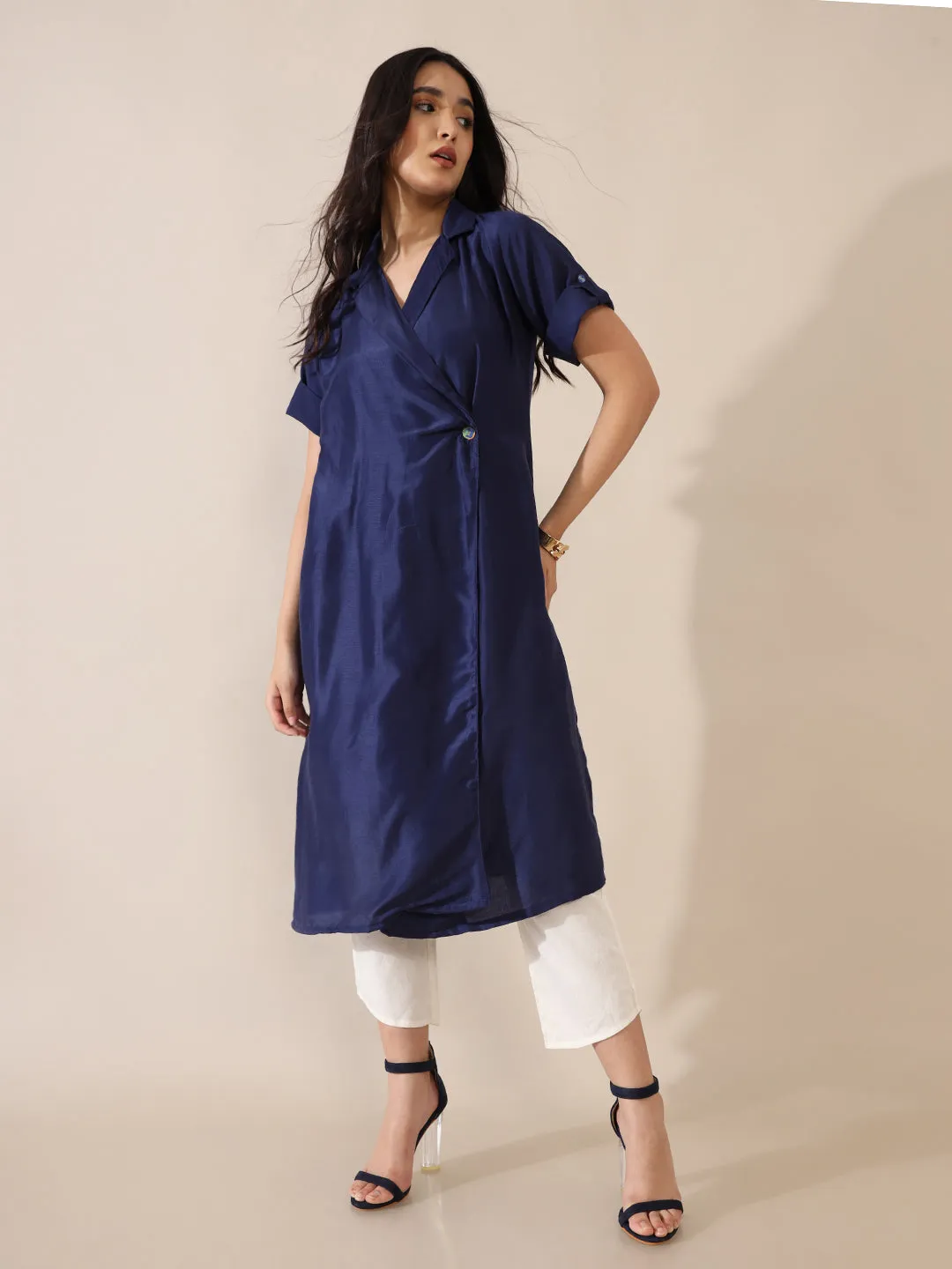 Jheel Navy Solid Overlap Kurta