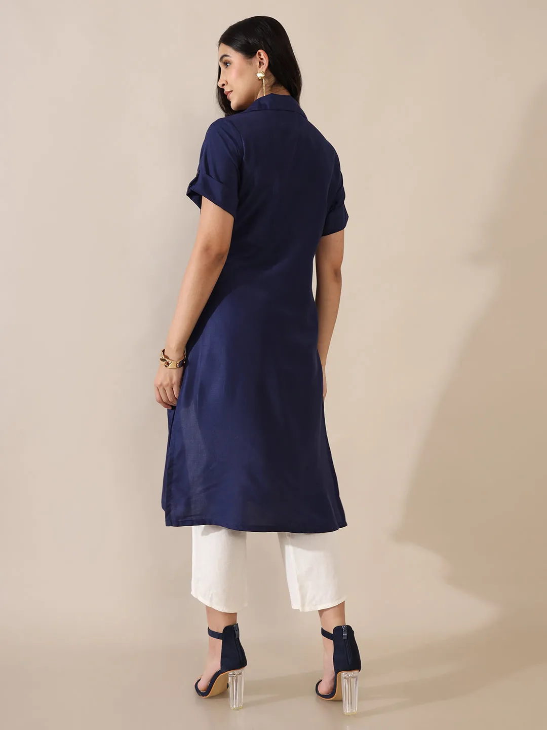 Jheel Navy Solid Overlap Kurta