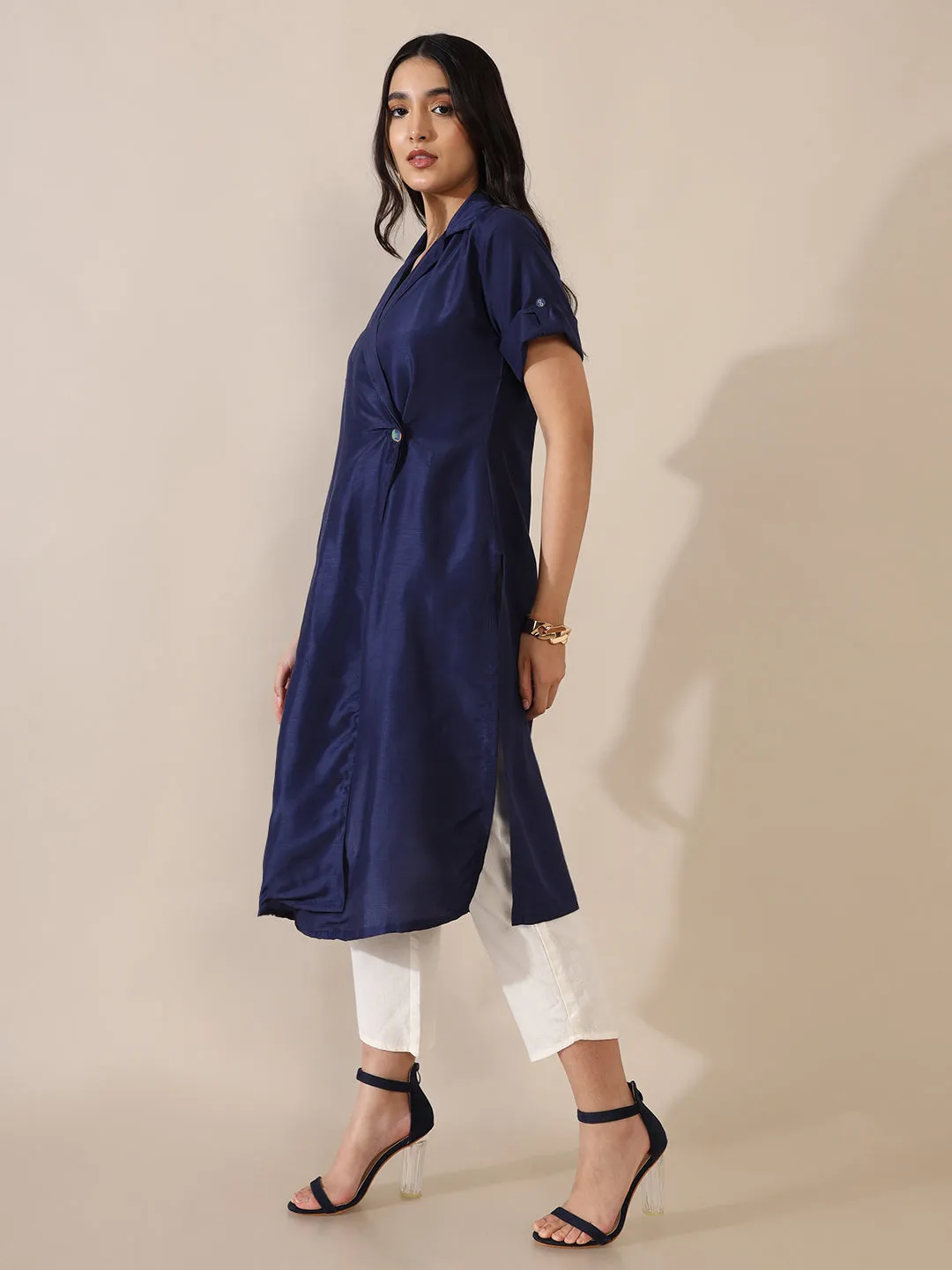 Jheel Navy Solid Overlap Kurta