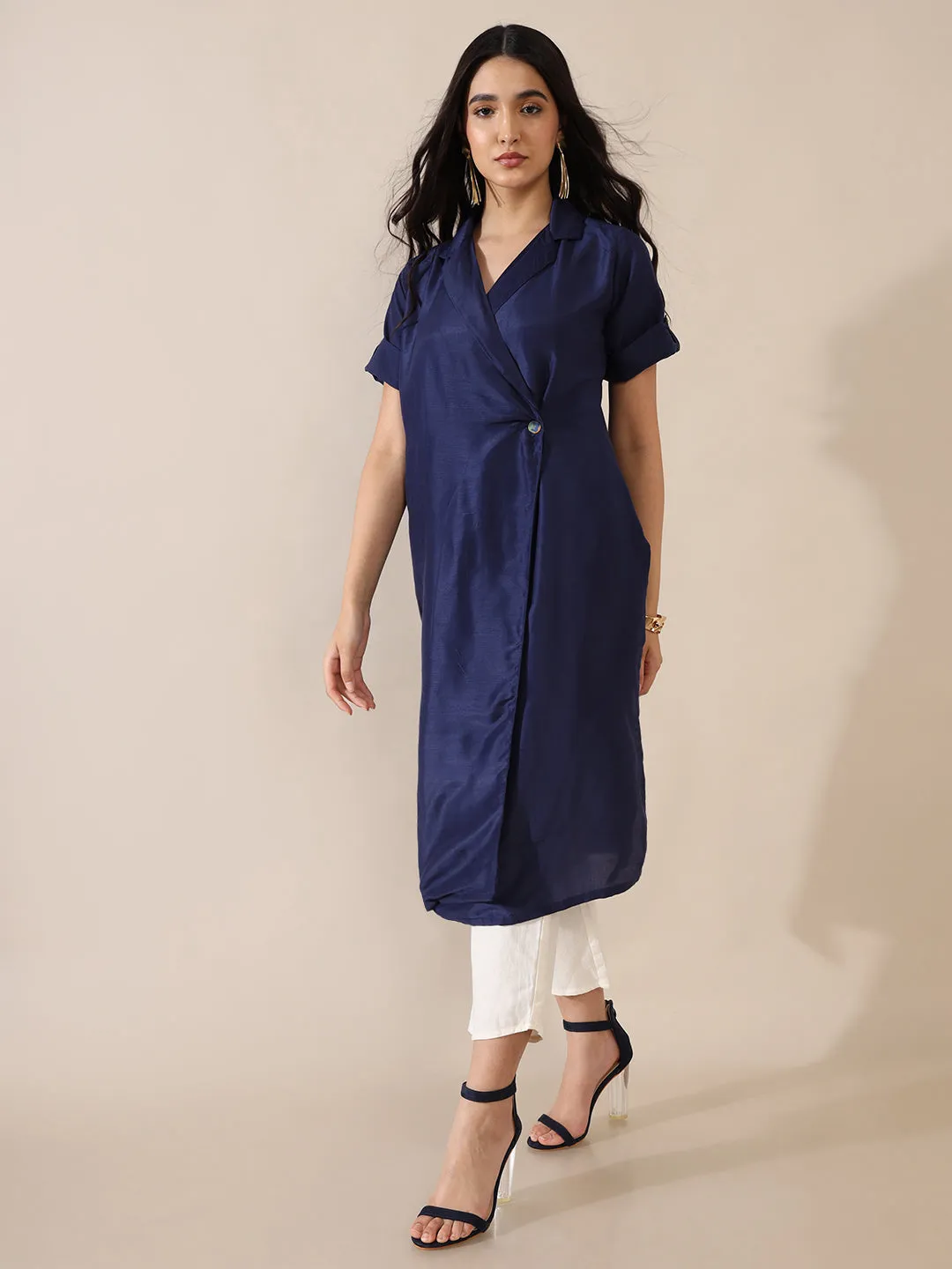 Jheel Navy Solid Overlap Kurta