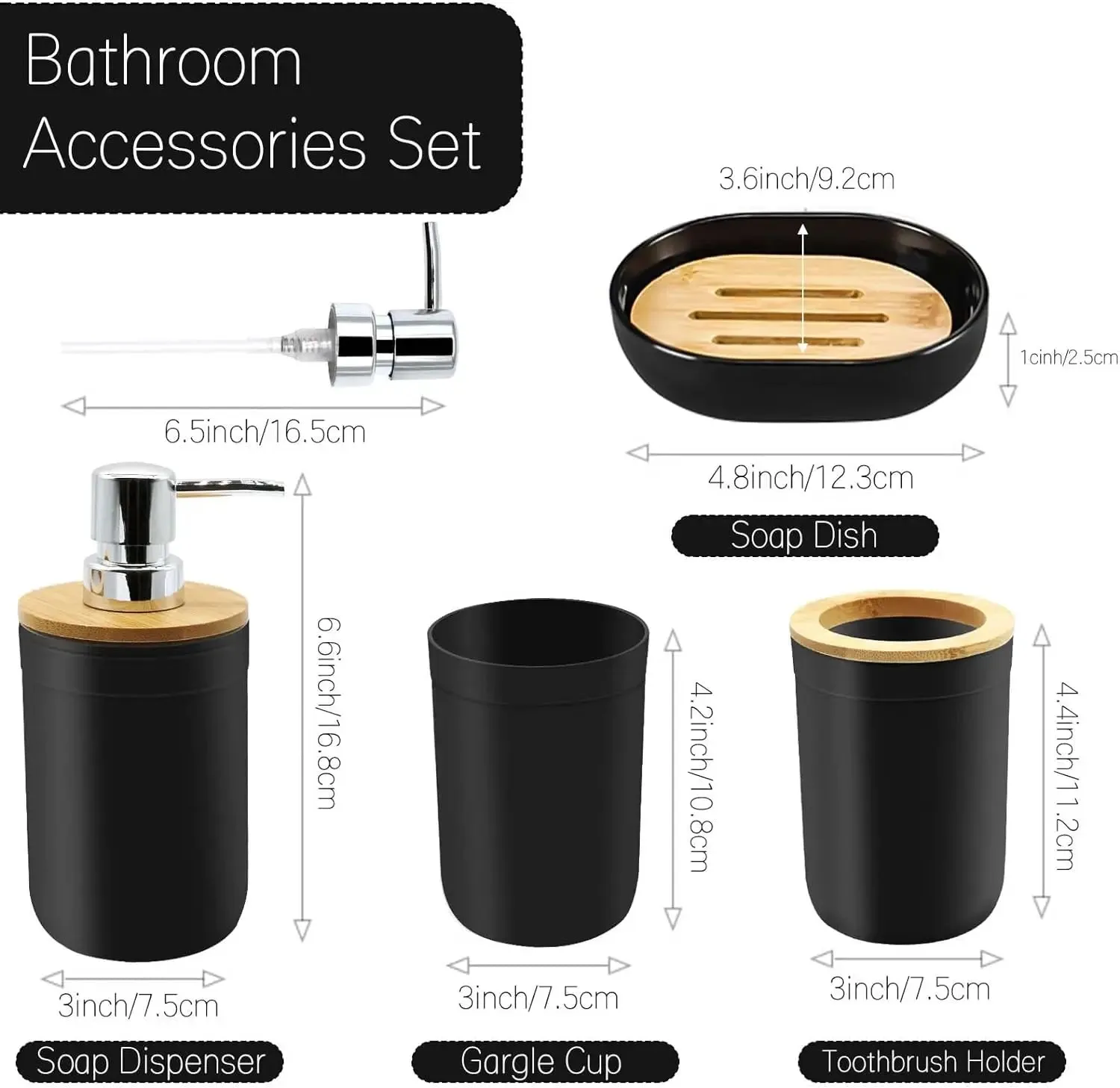 Juego de accesorios de baño negros de 4 piezas, soporte de plástico para cepillo de dientes con cubierta de bambú, taza para cepillo de dientes, dispensador de loción, caja de jabón