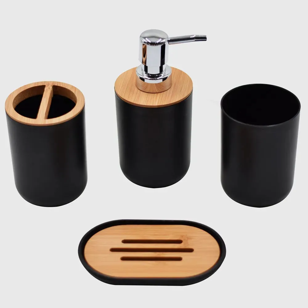 Juego de accesorios de baño negros de 4 piezas, soporte de plástico para cepillo de dientes con cubierta de bambú, taza para cepillo de dientes, dispensador de loción, caja de jabón