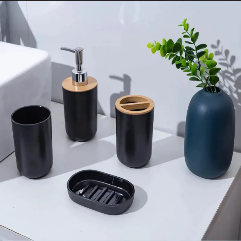 Juego de accesorios de baño negros de 4 piezas, soporte de plástico para cepillo de dientes con cubierta de bambú, taza para cepillo de dientes, dispensador de loción, caja de jabón