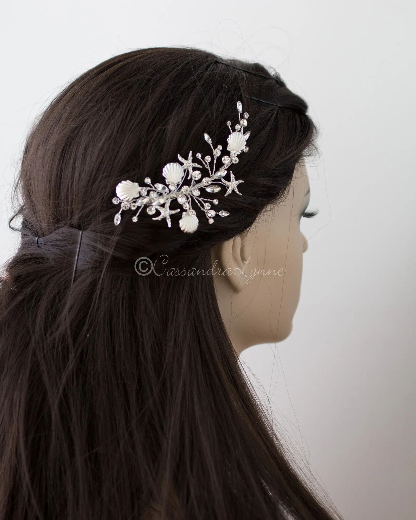 Matte Silver Shells and Starfish Beach Bride Clip