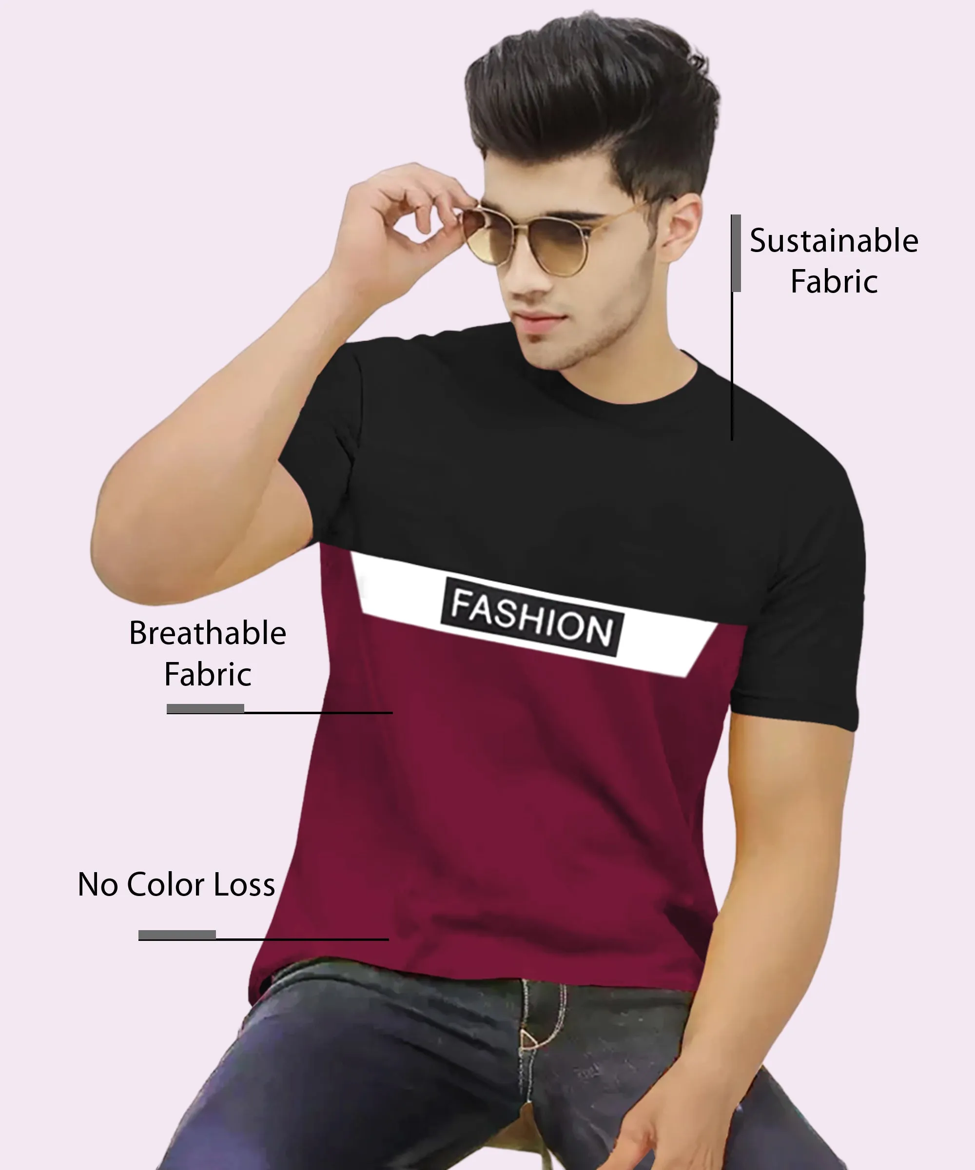 Men Colorblock Round Neck Cotton Blend Black, Maroon T-Shirt