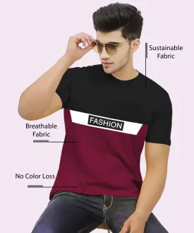 Men Colorblock Round Neck Cotton Blend Black, Maroon T-Shirt