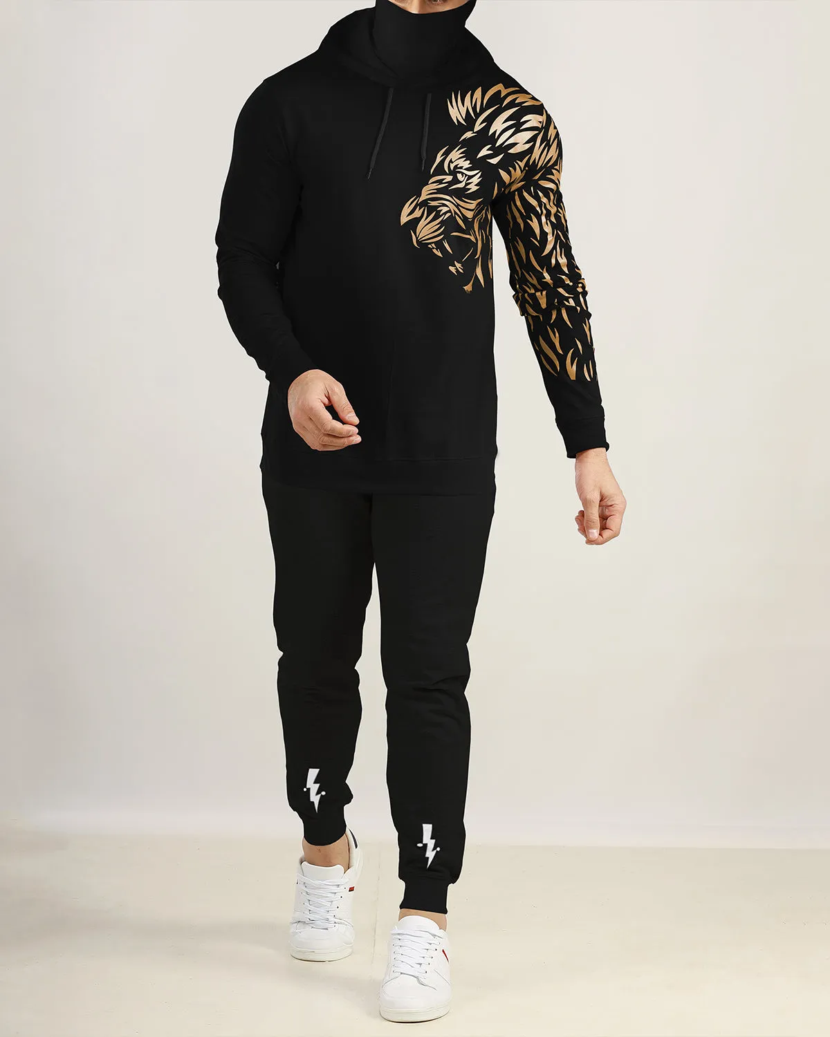 Men Hooded Lion Printed Black | Black Tracksuit with Mask