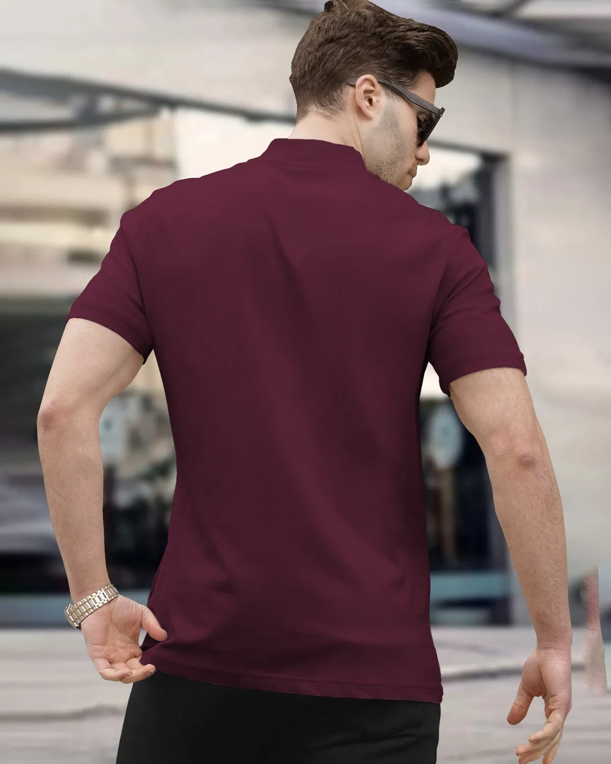 Men plain Maroon Short Sleeve Zip Neck T-Shirt