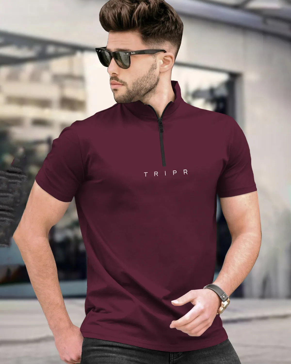 Men plain Maroon Short Sleeve Zip Neck T-Shirt